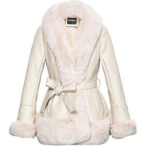 Women's Apricot Gran Oriente Faux Leather Winter Coat Fur Collar Belted Design